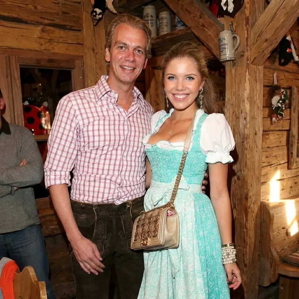 A smiling couple wearing traditional Bavarian Oktoberfest dirndl and lederhosen inside a rustic wooden venue.