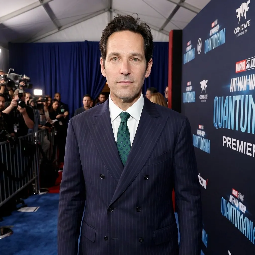 Paul Rudd wearing a navy pinstripe suit and green tie on the blue carpet at the Ant-Man and the Wasp: Quantumania premiere
