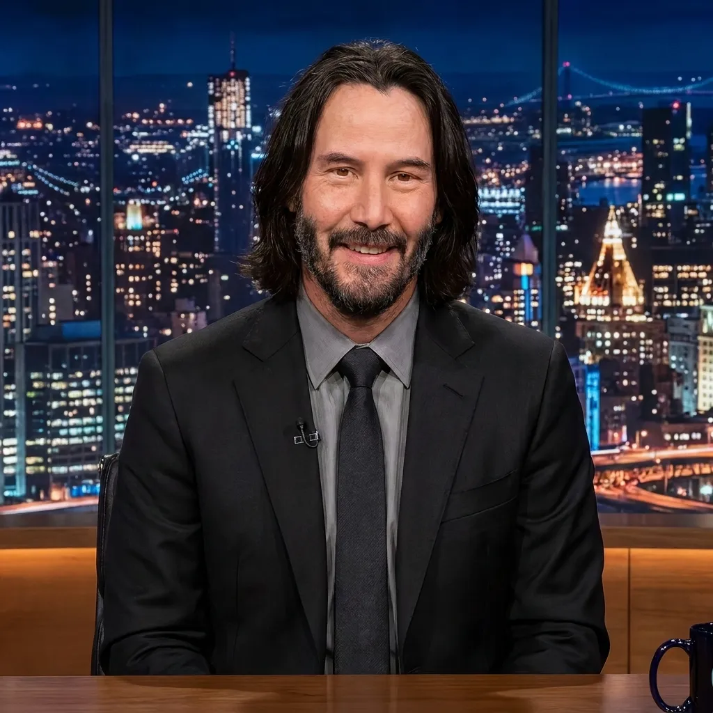 Keanu Reeves smiling in a dark suit and grey shirt seated on a late-night talk show set with a city skyline backdrop