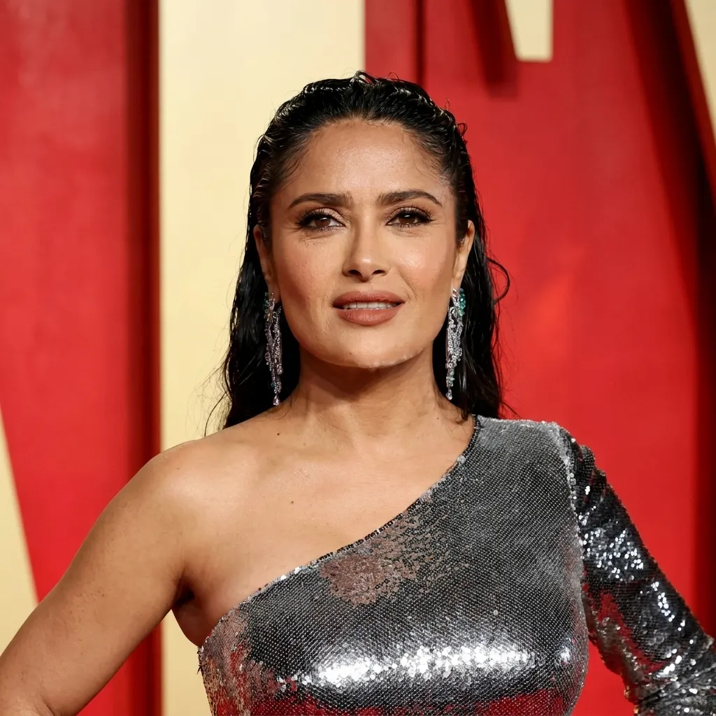 Salma Hayek posing on a red carpet wearing a sparkling silver one-shoulder dress and dangling earrings