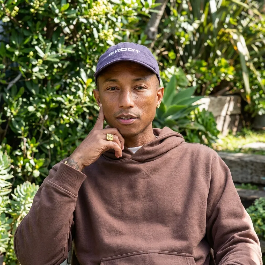 Pharrell Williams wearing a brown hoodie and purple cap posing outdoors against a lush green background