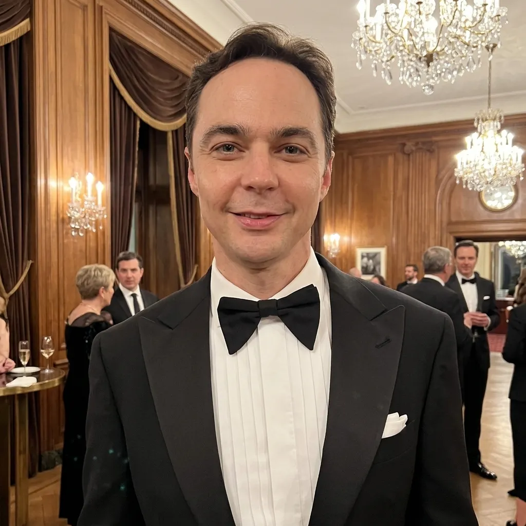 Jim Parsons smiling in a classic black tuxedo and bowtie at a formal ballroom reception.