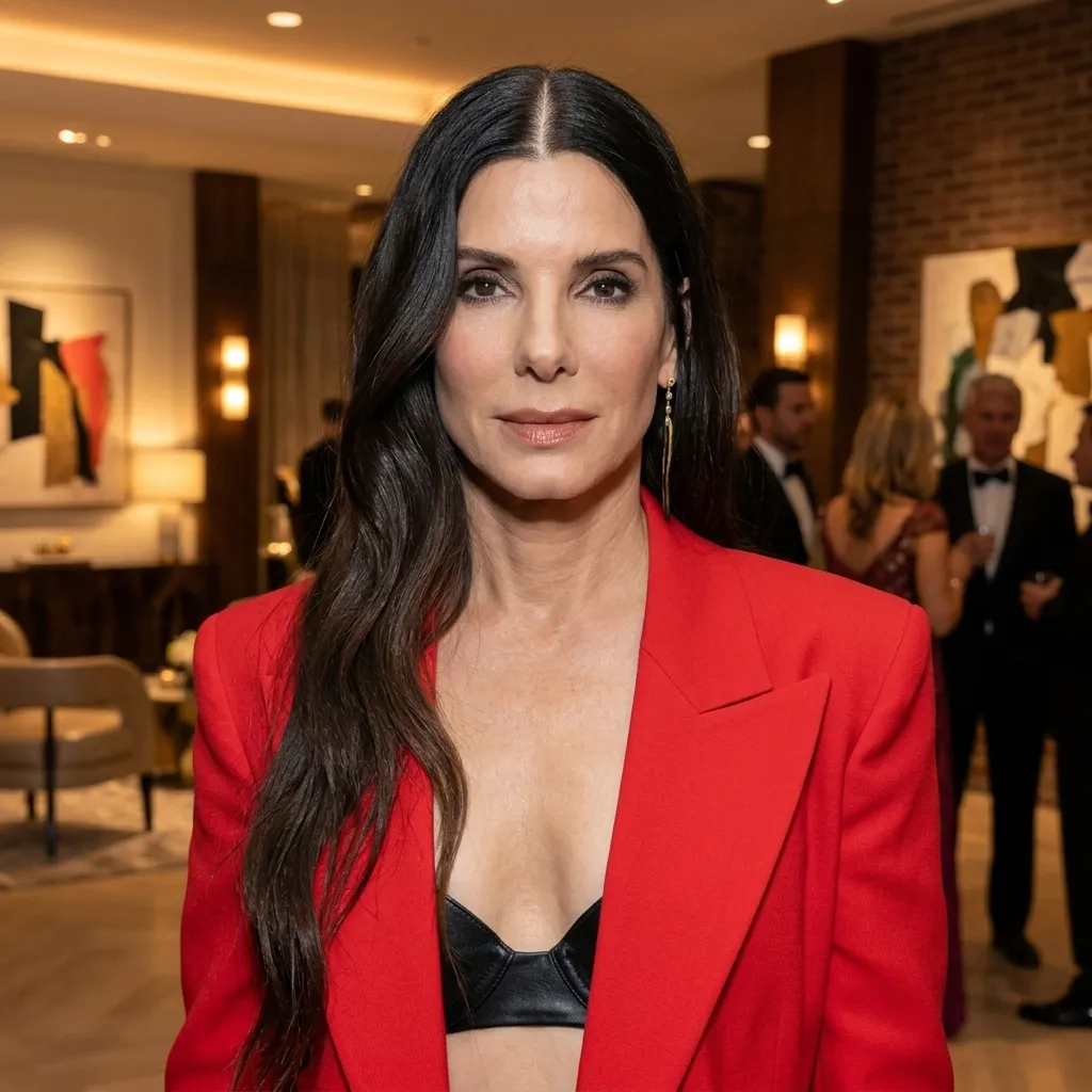 Sandra Bullock attending a formal evening event wearing a red blazer over a black top.