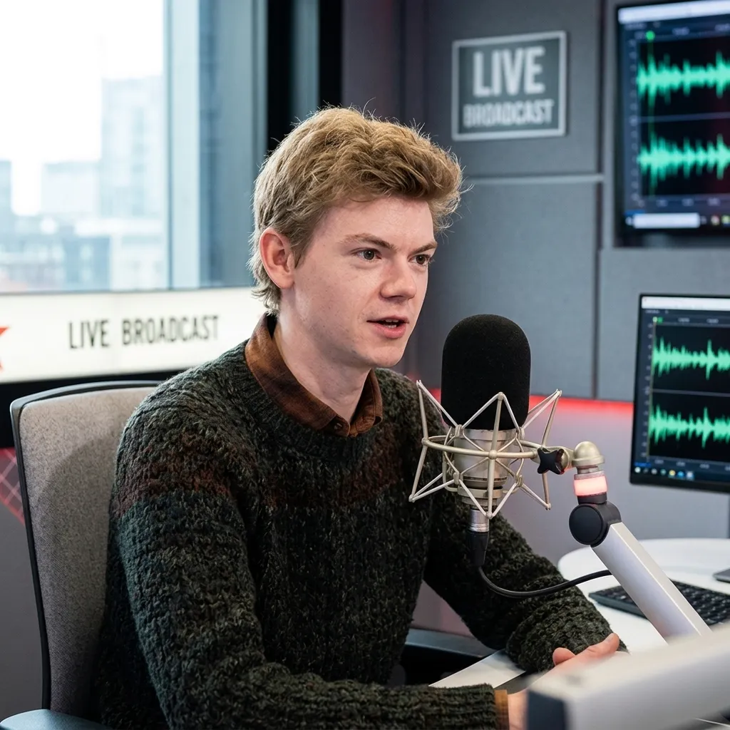 Thomas Brodie-Sangster speaking into a microphone during a live radio broadcast wearing a dark green sweater.