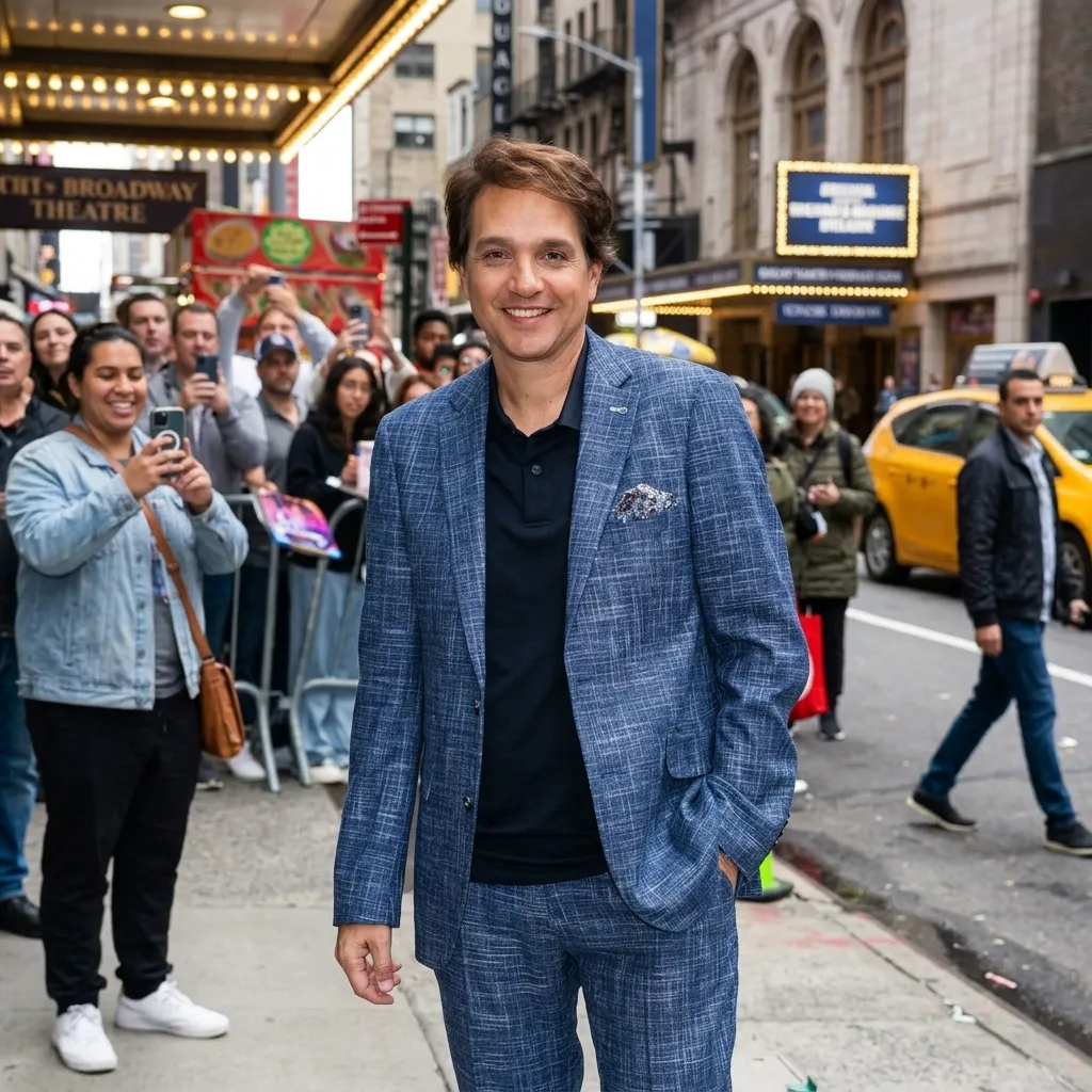 Ralph Macchio smiling while walking down a New York City street near Broadway wearing a blue textured suit.
