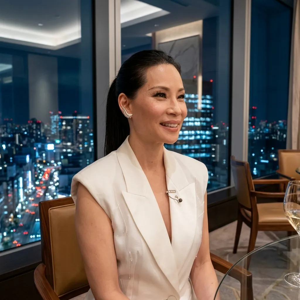 Lucy Liu sitting at a table in a high-rise restaurant at night wearing a white sleeveless blazer.