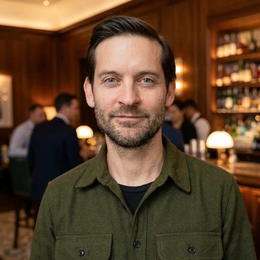 Actor Tobey Maguire posing in an upscale, dimly lit bar wearing a casual green button-down overshirt.