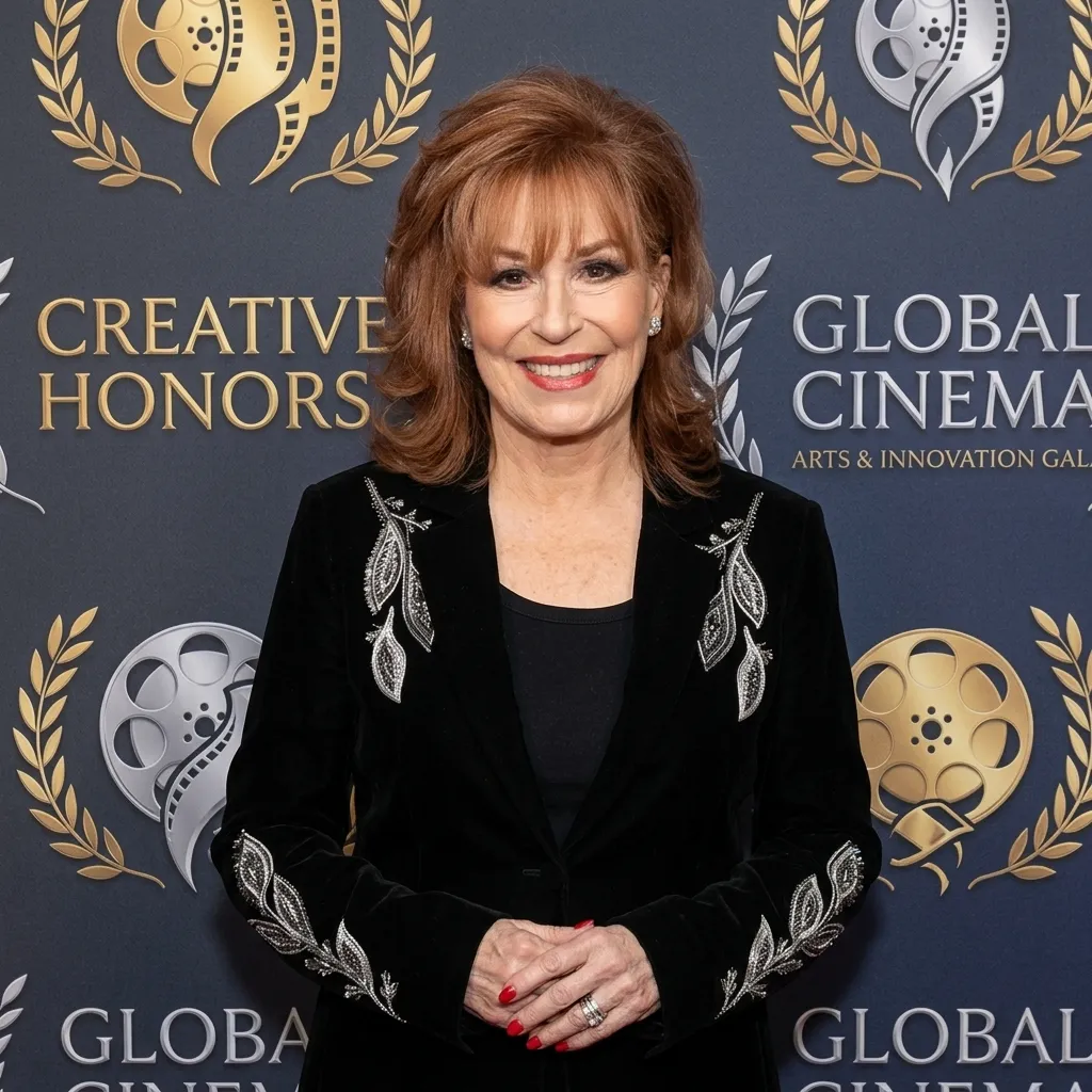 Joy Behar attending the Global Cinema Arts & Innovation event wearing a black velvet jacket with silver leaf embroidery.