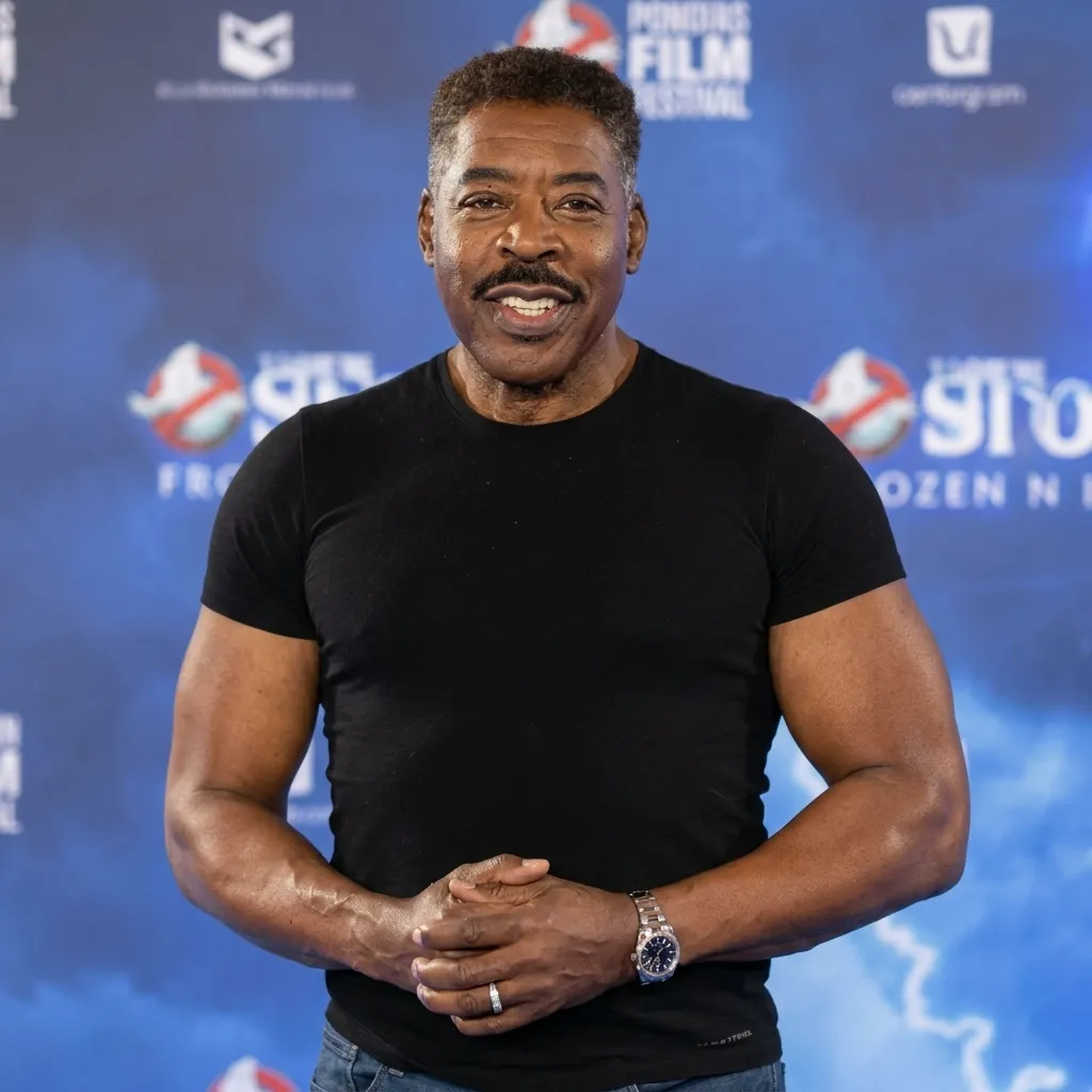 Ernie Hudson smiling on the blue carpet at a Ghostbusters premiere wearing a black t-shirt.