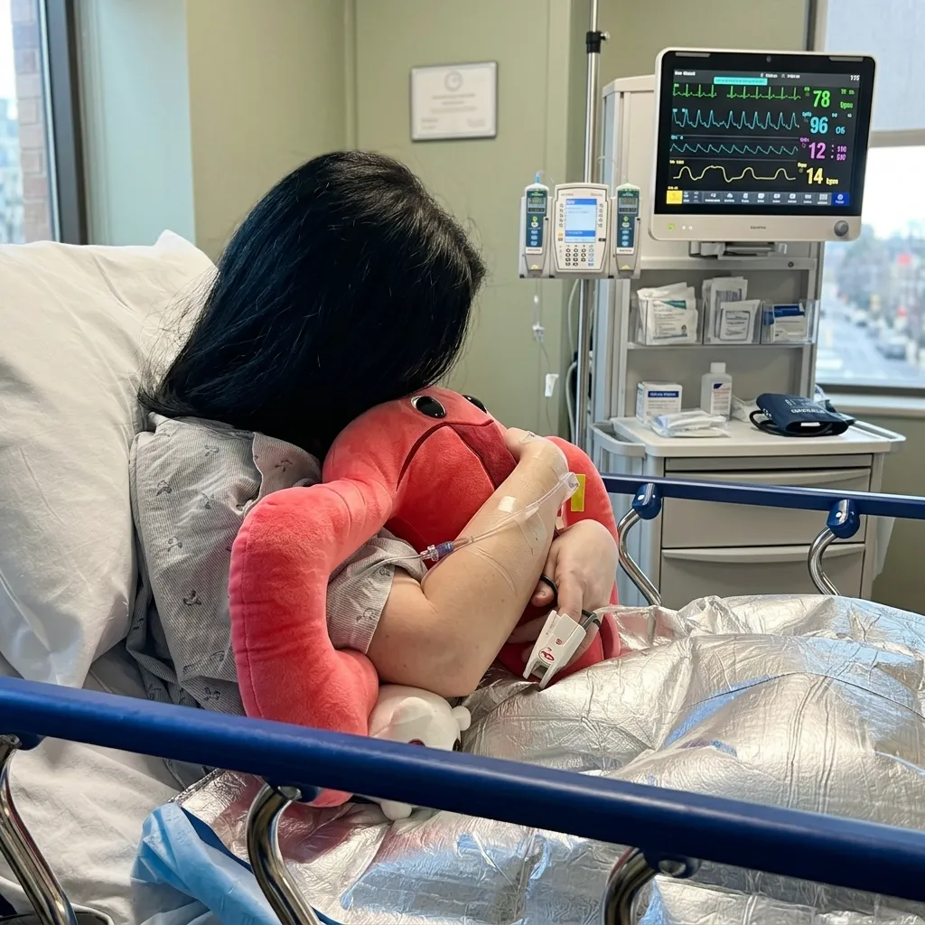 Patient resting in a hospital bed hugging a pink uterus-shaped plush toy, with an IV drip and a vital signs monitor in the background