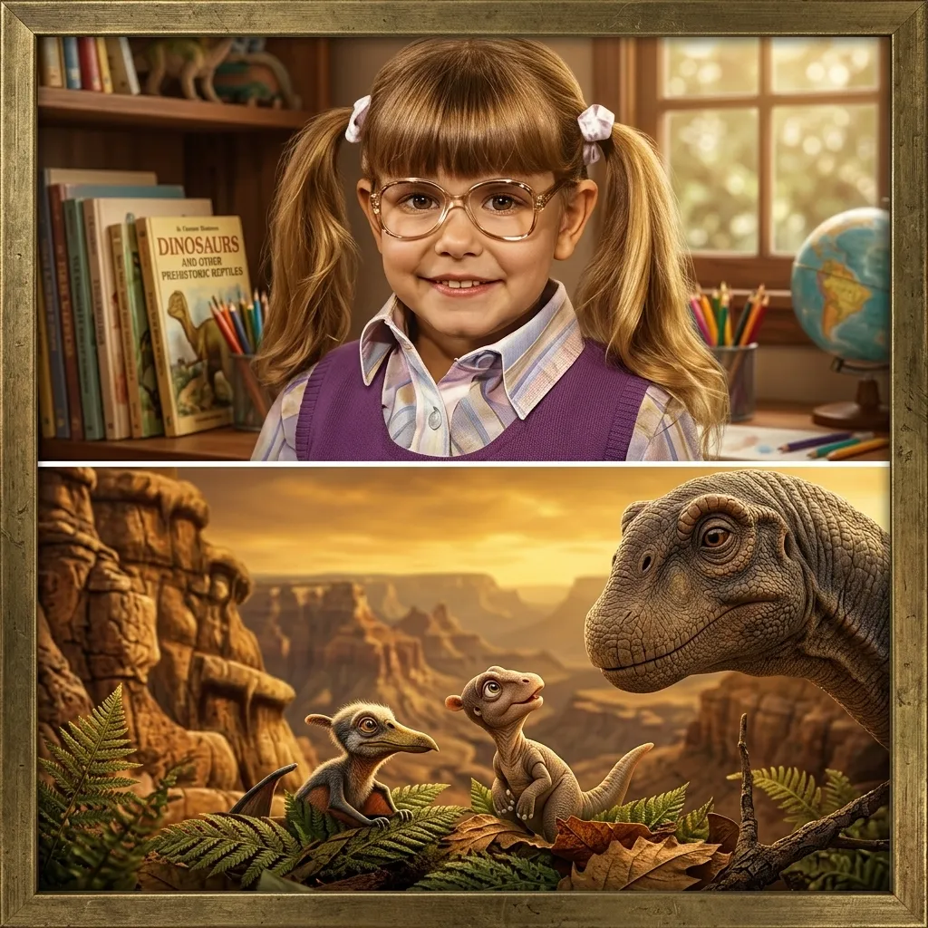 A split image showing a smiling young girl with pigtails and glasses in a library on the top, and a realistic portrait of a large dinosaur looking at two smaller prehistoric creatures in a canyon on the bottom.