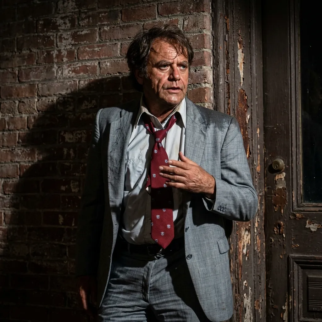 A disheveled older man with messy hair, wearing a worn grey suit and loosened red tie, leaning tiredly against a brick wall next to an old wooden door