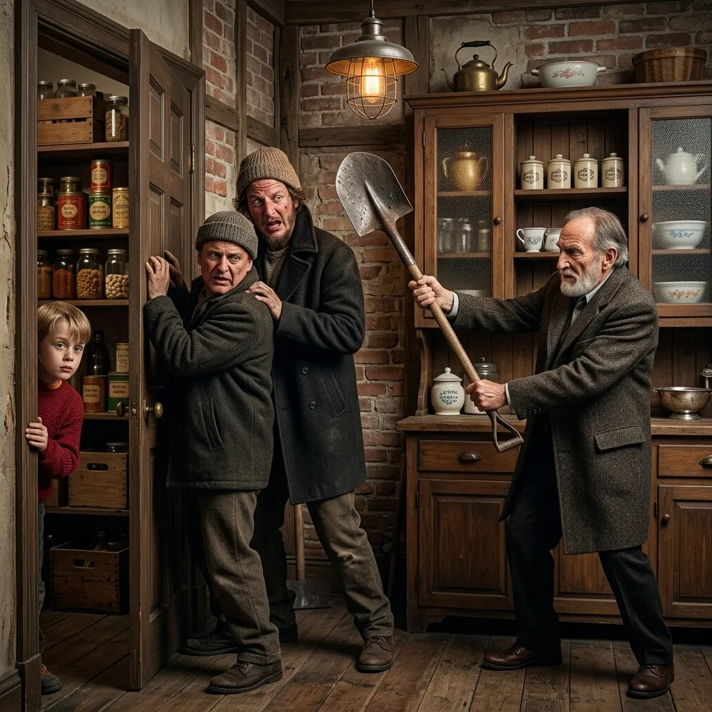 A young boy secretly watching from behind a pantry door as two startled burglars, one wielding a shovel, sneak around a rustic kitchen.