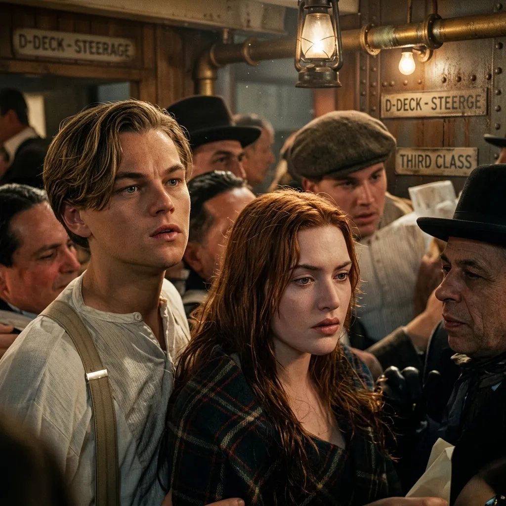 Leonardo DiCaprio and Kate Winslet as Jack and Rose standing close together in a crowded, dimly lit steerage corridor on the Titanic