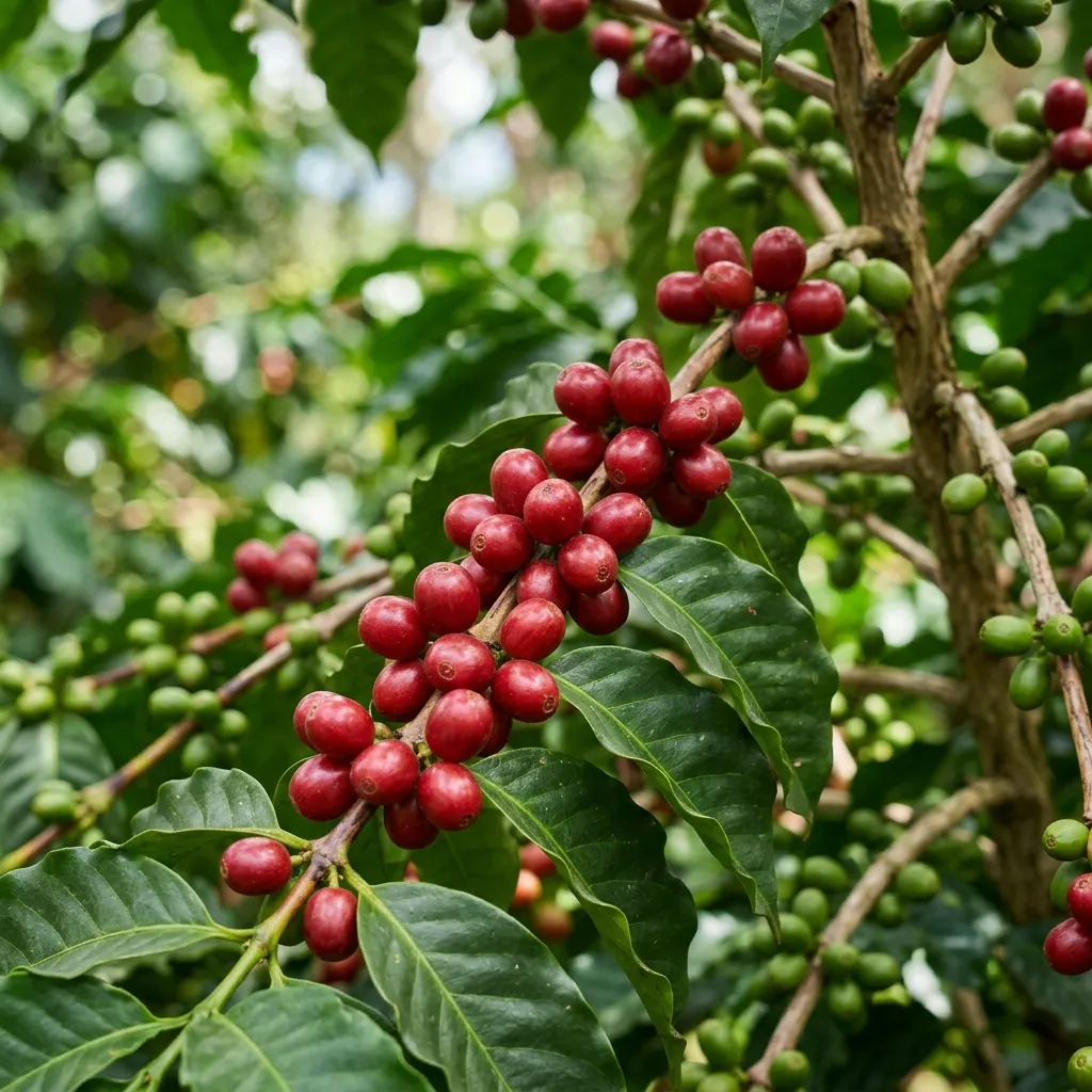 Close up of vibrant red coffee cherries growing on a green coffee plant branch