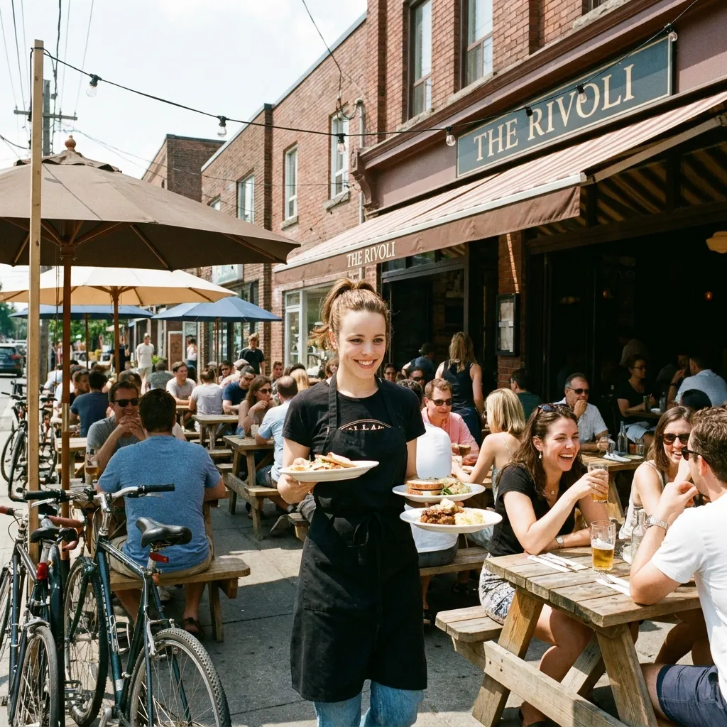 Smiling waitress in a black apron carrying plates of food through a busy outdoor restaurant patio at The Rivoli during summer