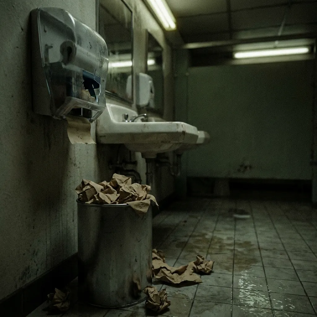 An overflowing trash can next to an empty soap dispenser in a neglected restaurant bathroom.