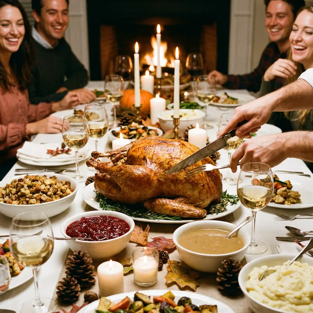 A beautifully roasted golden turkey being carved at a candlelit dining table filled with festive side dishes and wine glasses