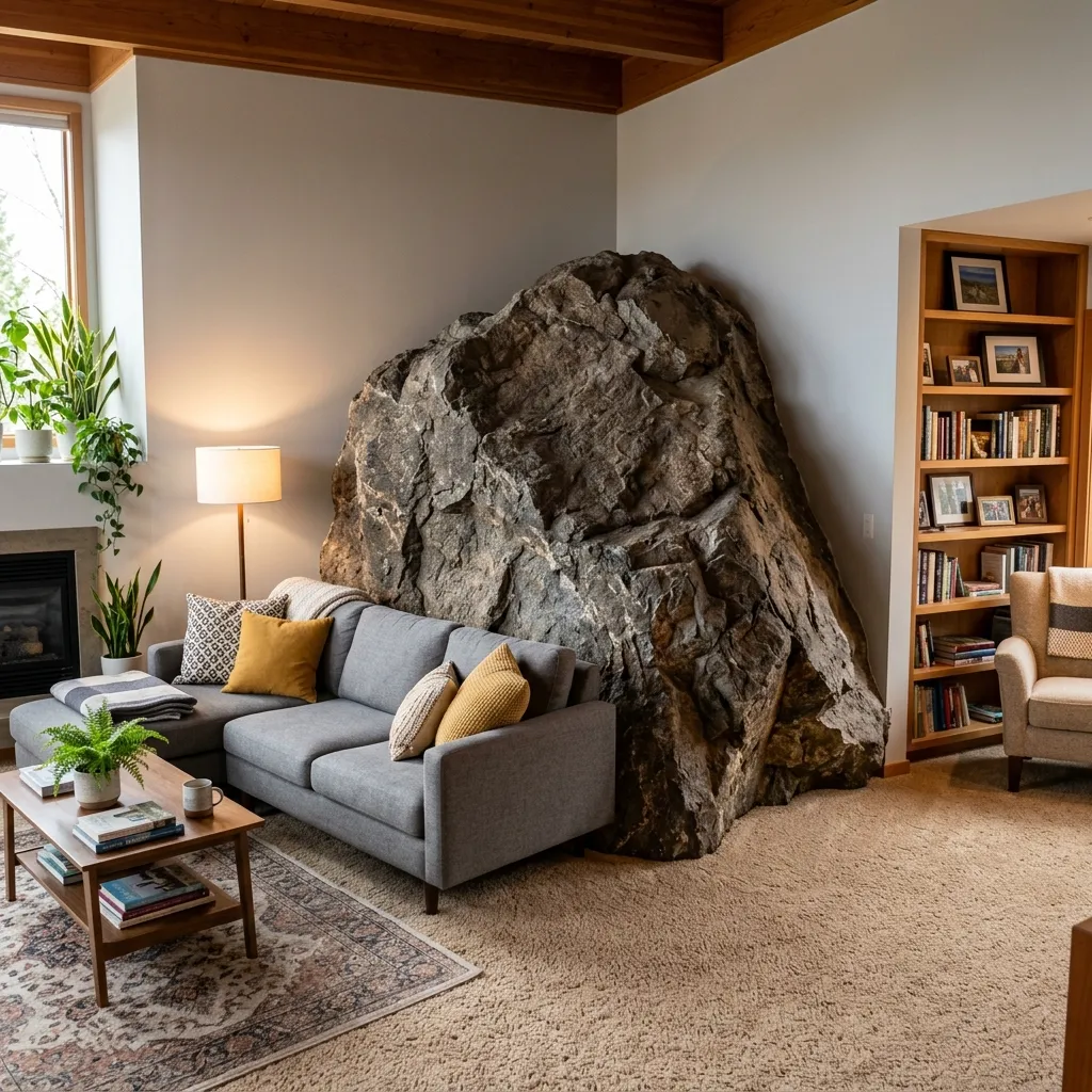 A massive natural rock boulder protruding awkwardly into a carpeted living room corner