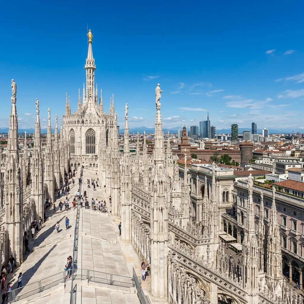 Panoramic view from the rooftop of the Milan Cathedral, highlighting intricate Gothic spires against a clear blue sky