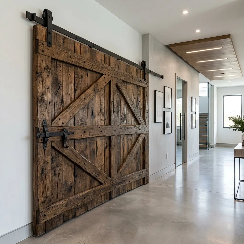 A clunky, oversized rustic wooden barn door awkwardly placed in a sleek modern hallway