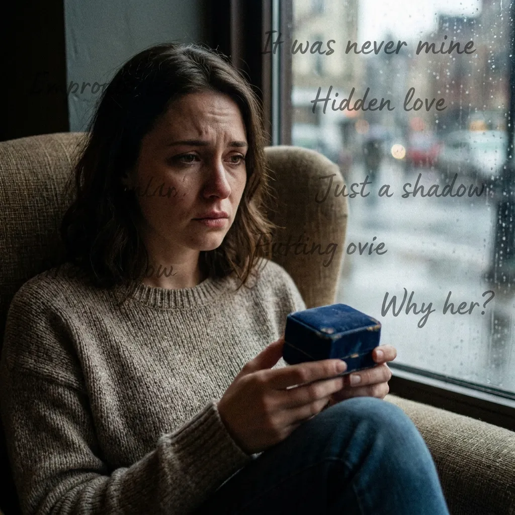 A sad woman holding a velvet diamond engagement ring box, visualizing heartbreaking anonymous side chick confessions
