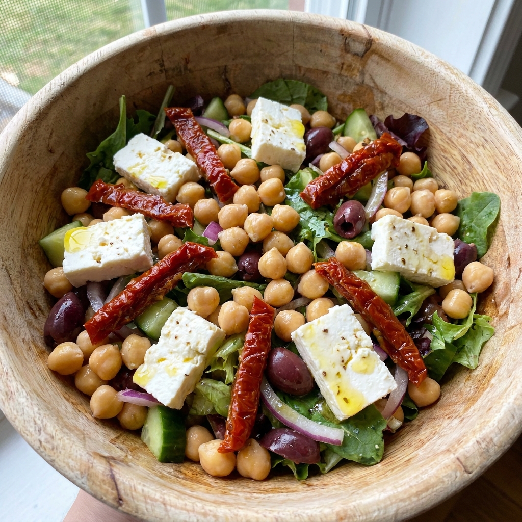 A detailed view of Trader Joe's Organic Mediterranean Style Salad in a wooden bowl, highlighting the colorful roasted chickpeas and feta cheese.