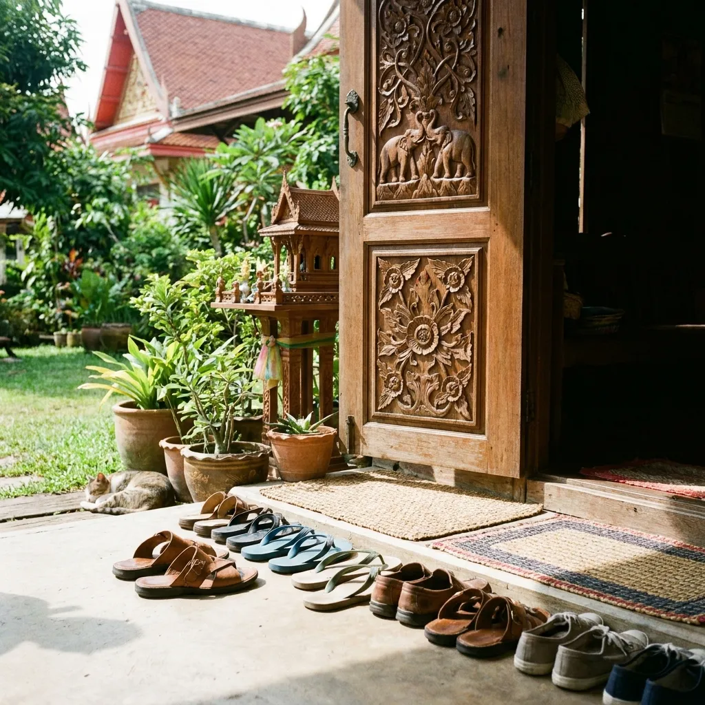 Several pairs of sandals and shoes neatly lined up outside a traditional wooden doorway in Thailand