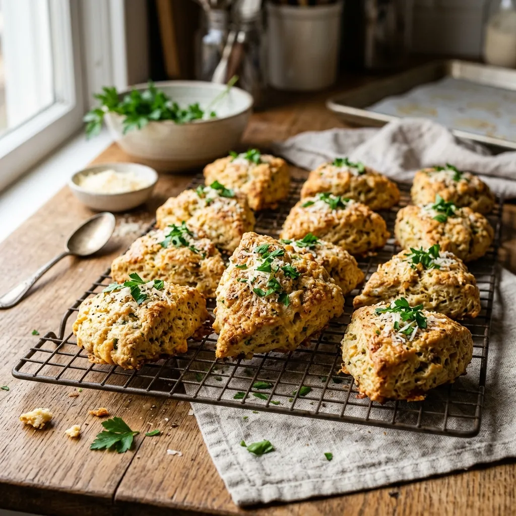 Freshly baked batch of golden-brown Christina Tosi Caesar salad scones resting on a rustic cooling rack, garnished with fresh green parsley