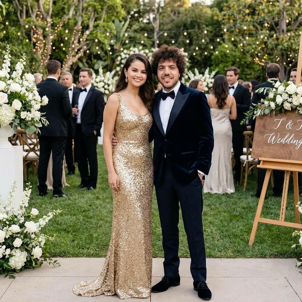 Selena Gomez in a glittering gold dress and Benny Blanco in a classic suit posing for their Taylor Swift and Travis Kelce wedding guest looks