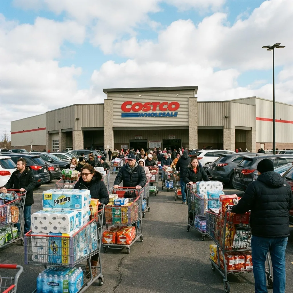 Shoppers pushing large red shopping carts overflowing with bulk goods outside of a sprawling Costco warehouse store