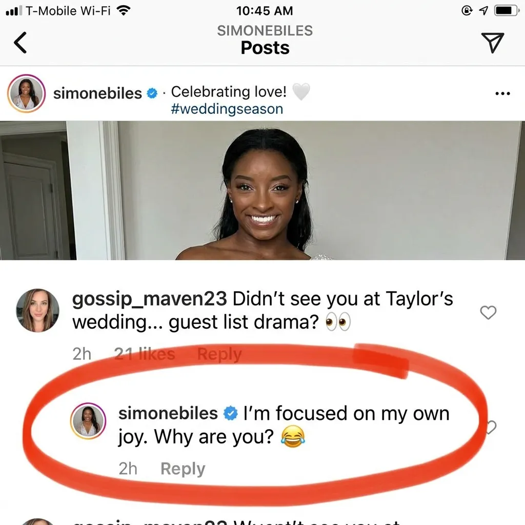 Screenshot of Simone Biles replying to an Instagram comment, explaining that she only shows the public what she wants them to know about her friendship with Taylor Swift.