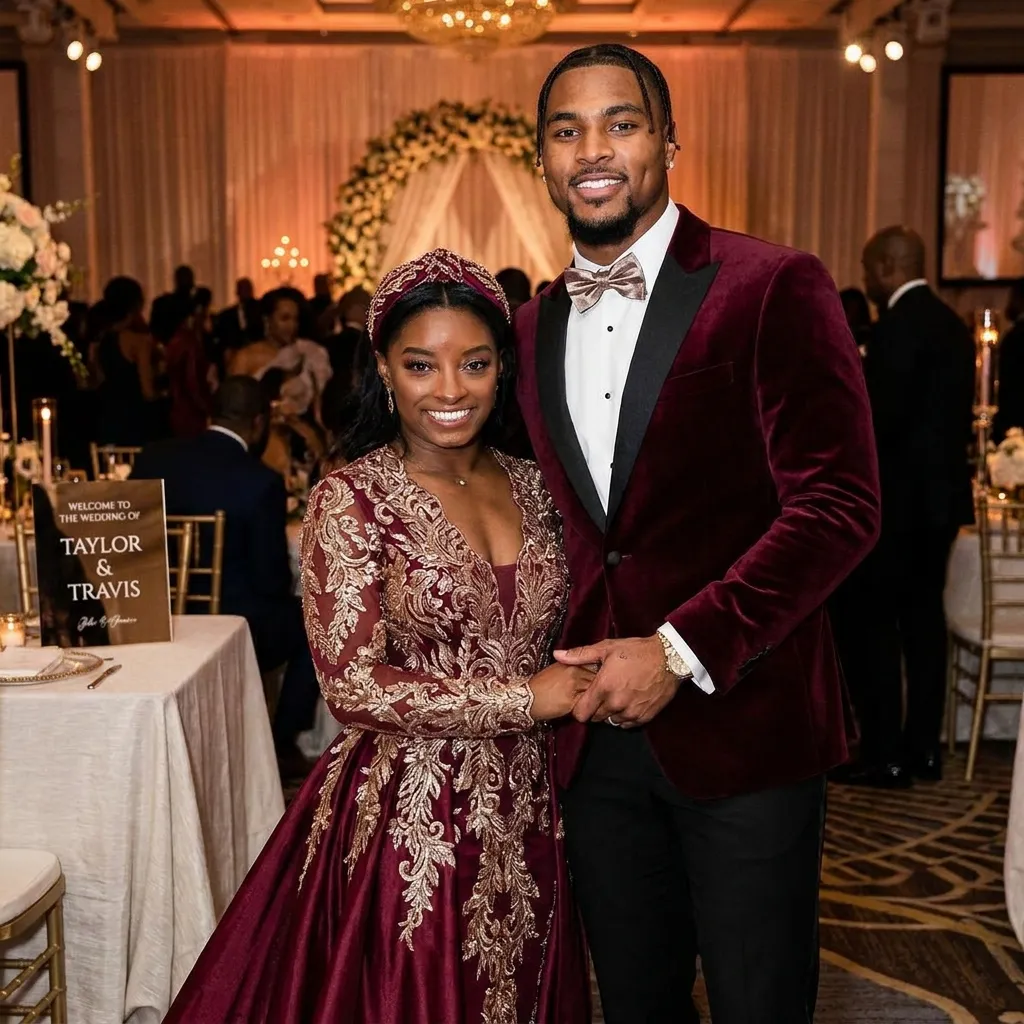 Simone Biles and husband Jonathan Owens posing in coordinated custom burgundy and metallic formal wear for the Taylor Swift and Travis Kelce wedding.