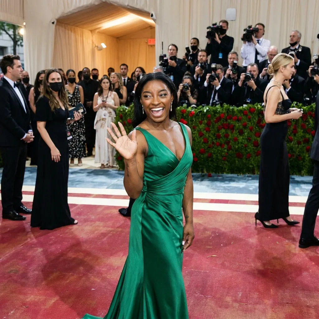 Olympic gymnast Simone Biles smiling radiantly on a red carpet, demonstrating her unbothered and confident attitude towards internet critics.