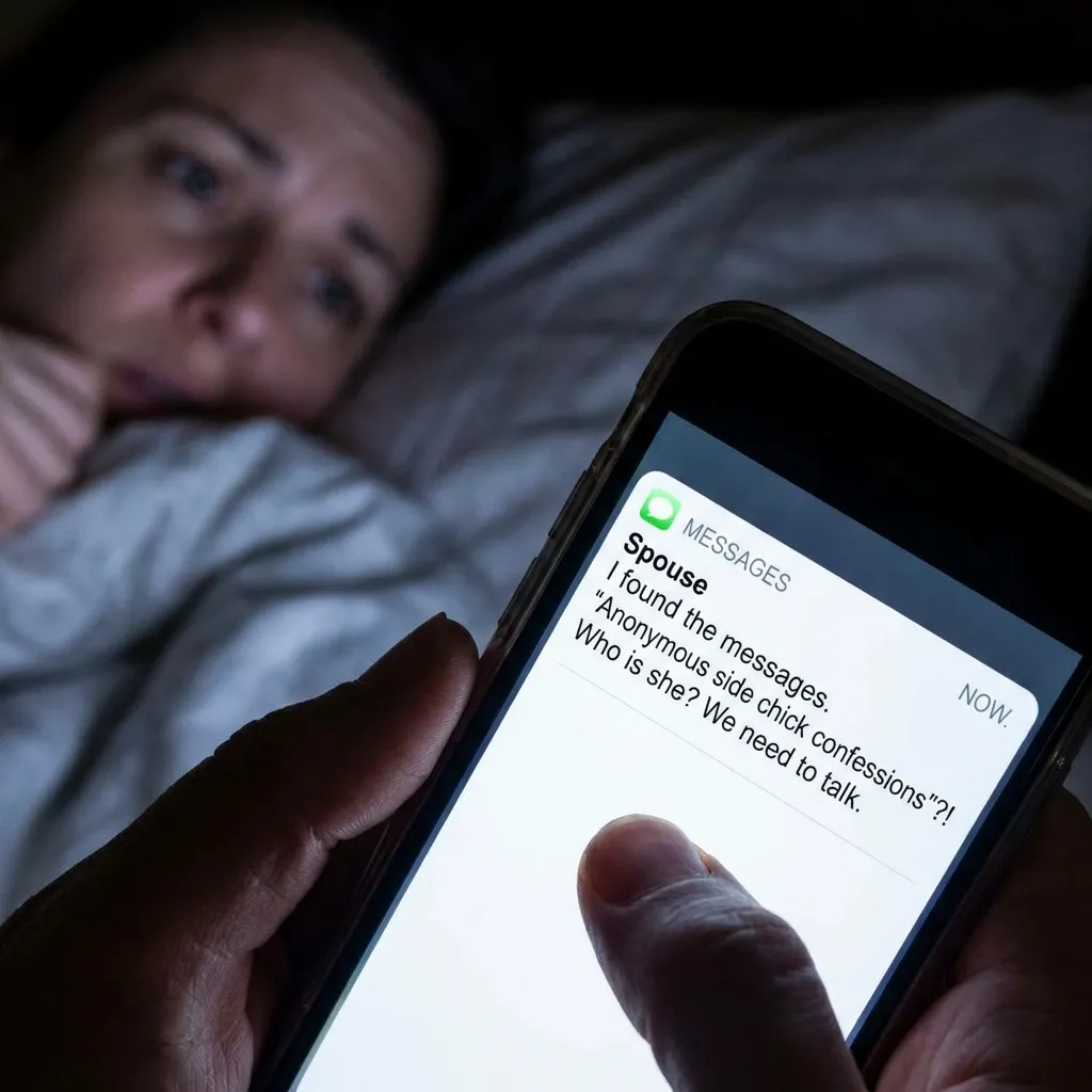 A close-up of a glowing smartphone screen displaying a shocking text message from a spouse, highlighting the drama of anonymous side chick confessions