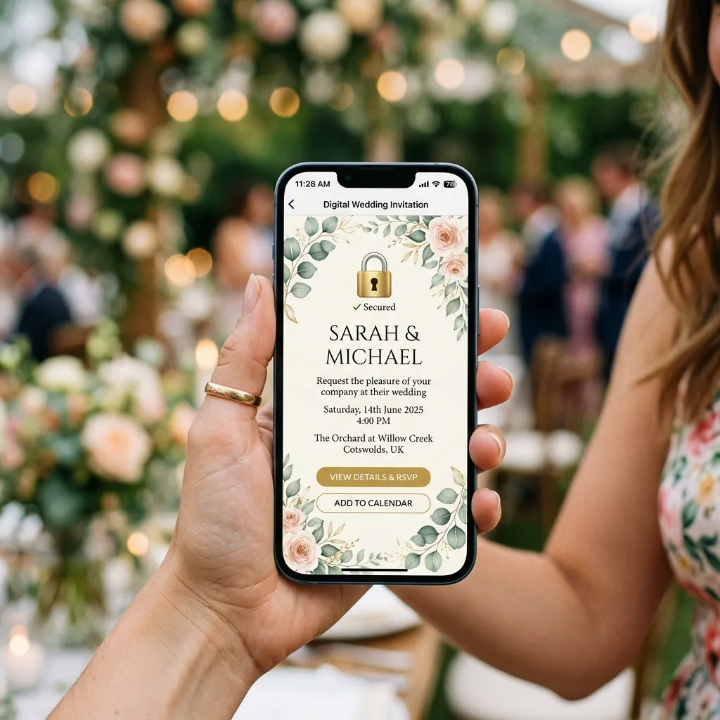 Close-up of a digital smartphone screen showing a secure digital wedding invitation with a padlock icon.