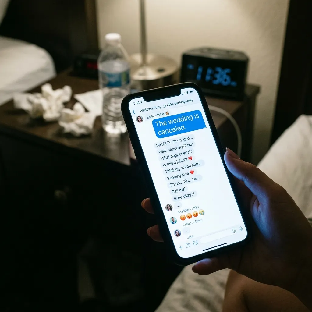 A glowing smartphone screen showing a massive group chat message reading "The wedding is canceled," illustrating the aftermath of a bride caught cheating before the wedding