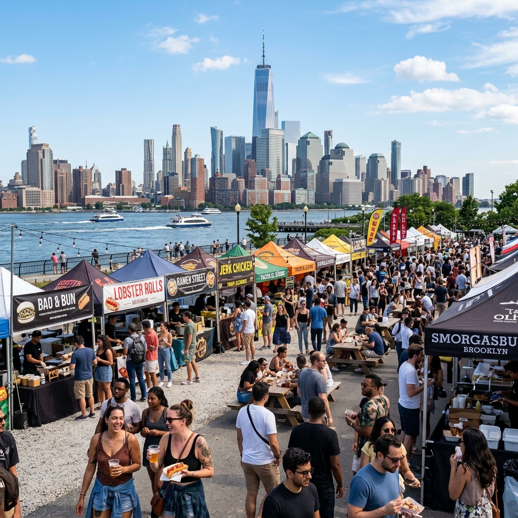 Smorgasburg outdoor food market with a view of the NYC skyline in the background.