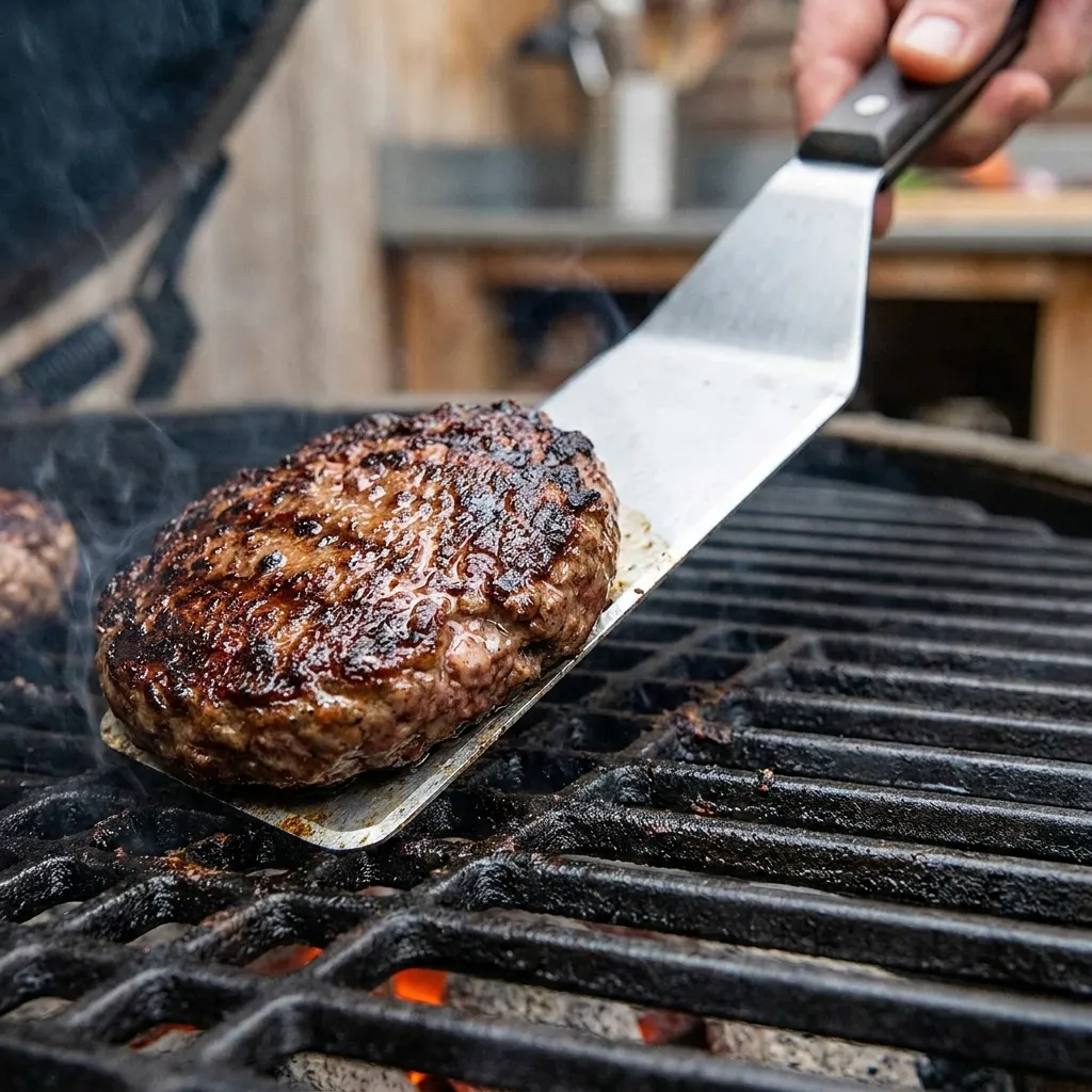 A stainless steel spatula gently flipping a perfectly charred, juicy beef burger on cast iron grill grates, highlighting the correct technique to avoid the biggest burger grilling mistakes