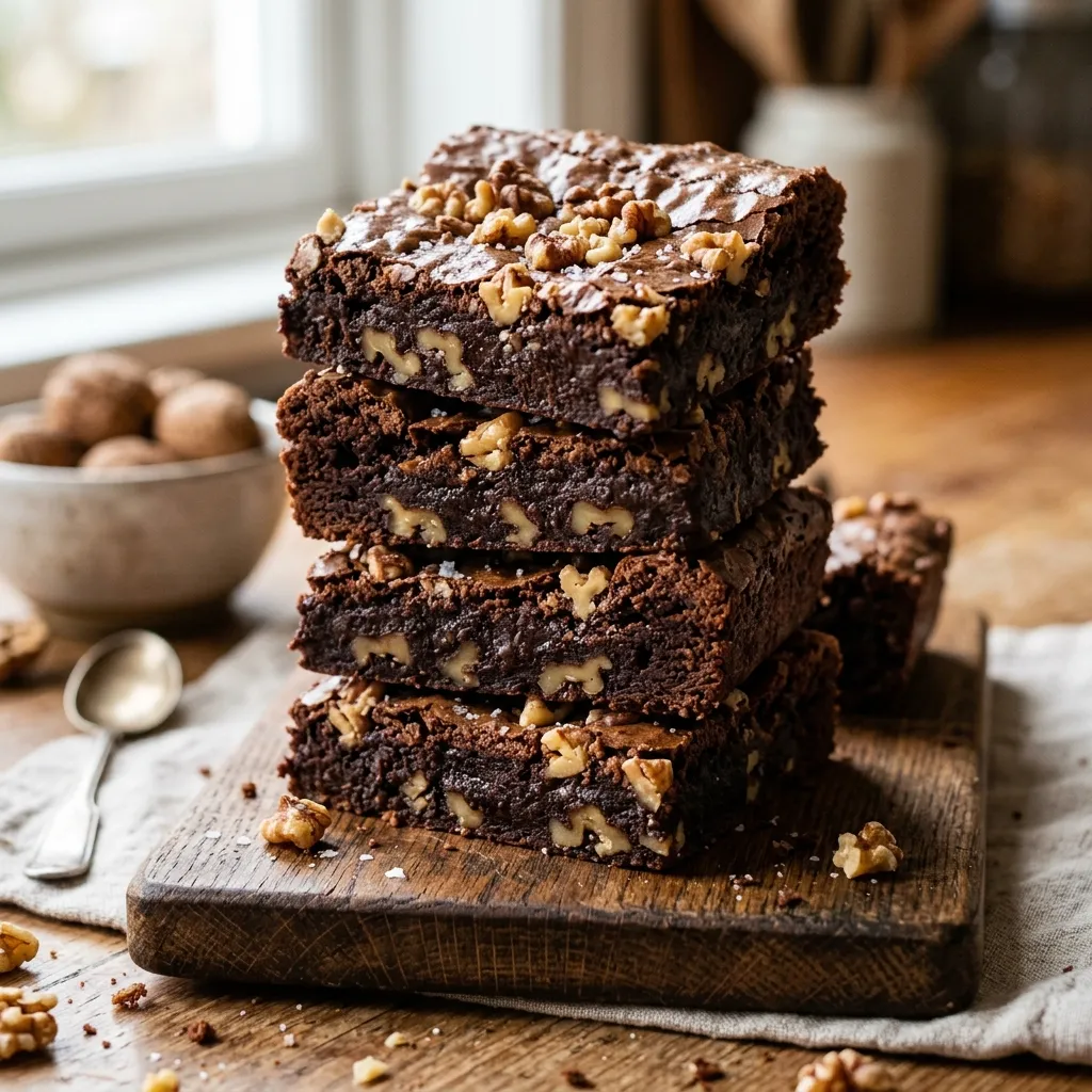 A stacked pile of fudgy chocolate brownies filled with visible chopped walnuts.