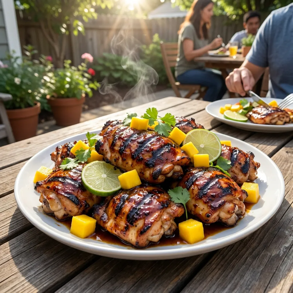 A steaming platter of perfectly grilled, char-marked chicken thighs glazed in a glossy, dark sticky tamarind sauce. The chicken is garnished with vibrant yellow cubes of fresh mango, thin lime wheels, and a sprinkle of cilantro. Shot in a sunny backyard patio setting
