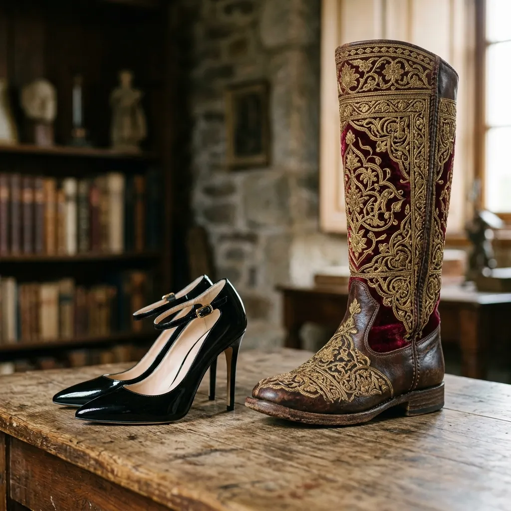 A pair of elegant modern stiletto high heels contrasted with an antique 15th-century Persian leather riding boot.