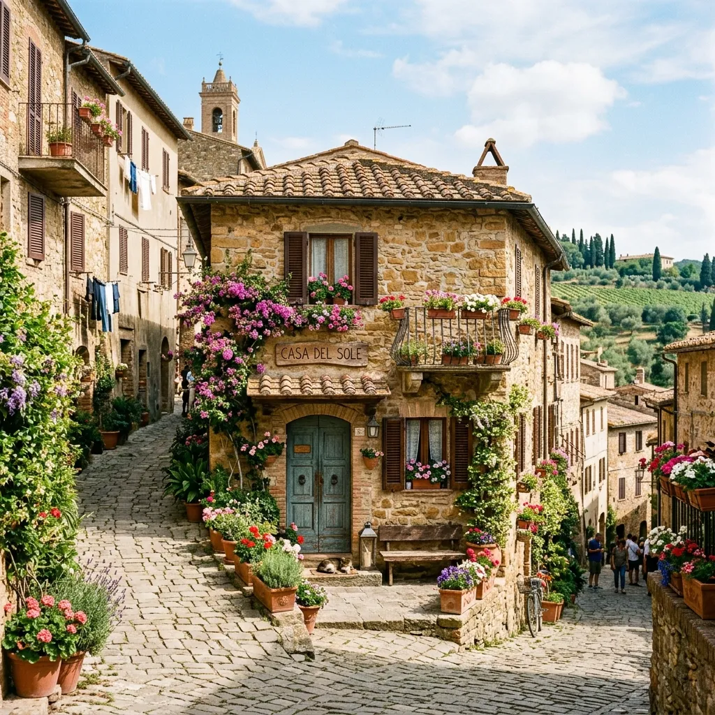 A charming rustic stone cottage in a sunlit Italian village showcasing typical rural Mediterranean architecture.