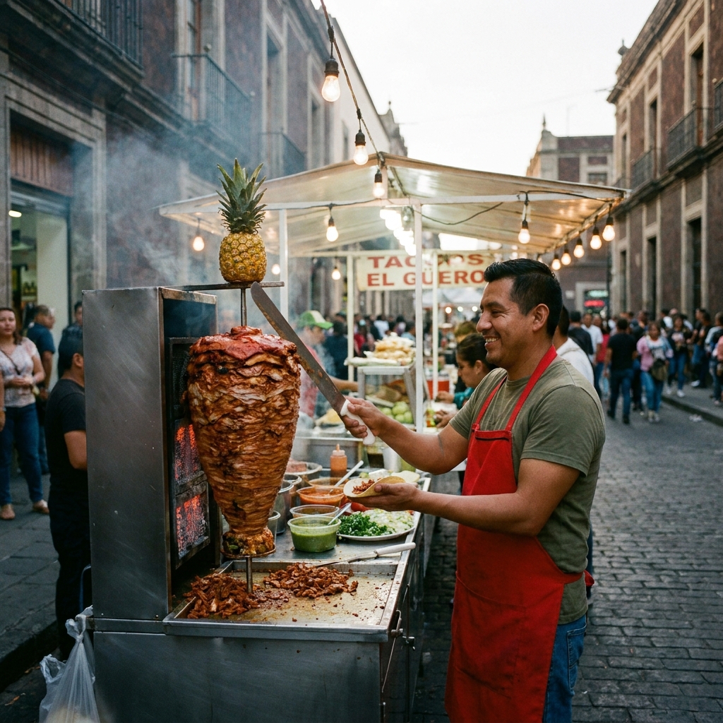 A local street food vendor in Mexico City slicing fresh al pastor meat from a spinning trompo onto a corn tortilla