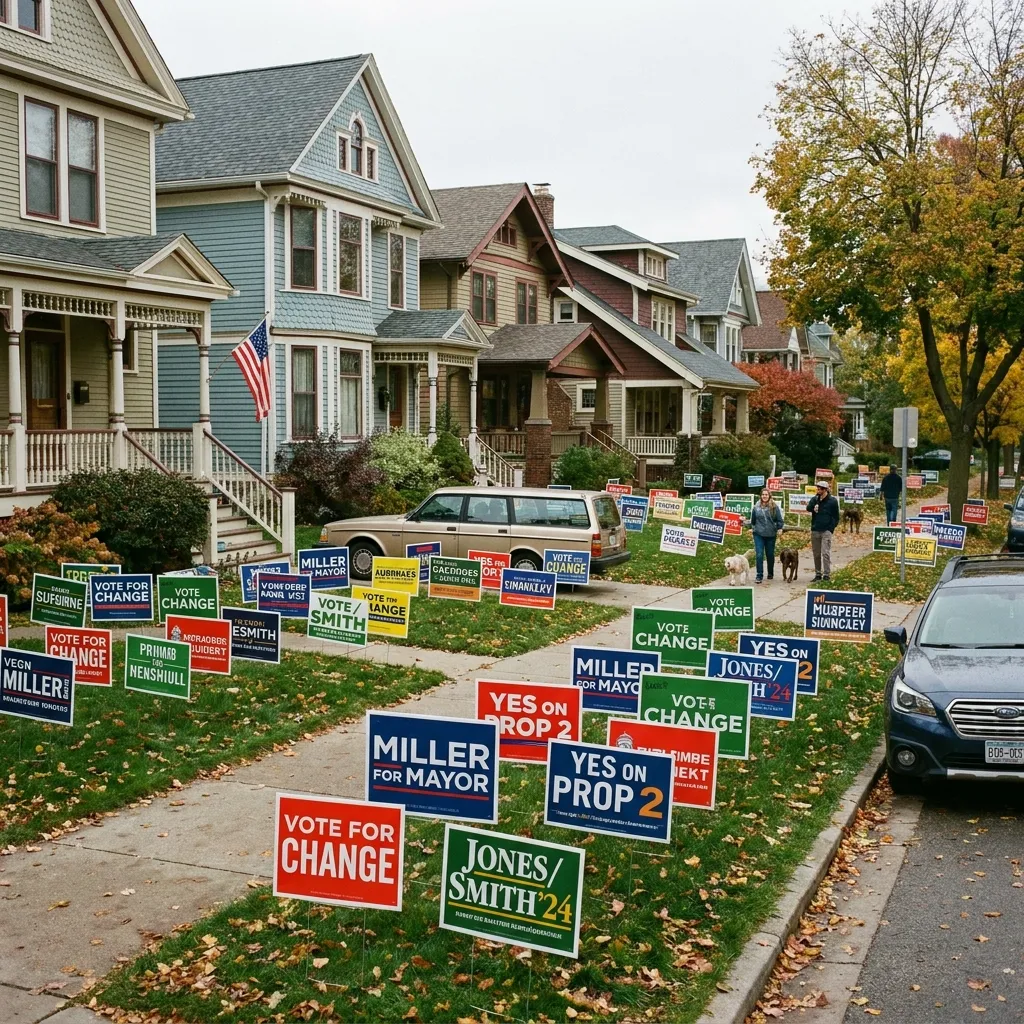 A neighborhood residential street lined with colorful political campaign signs planted in grassy lawns during an American election cycle
