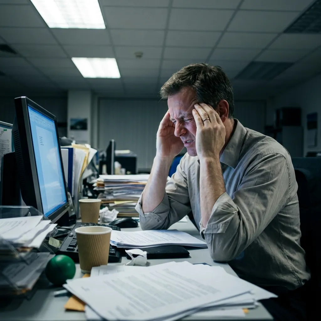A stressed man sitting at his office desk, aggressively rubbing his temples with his eyes tightly shut in severe pain.