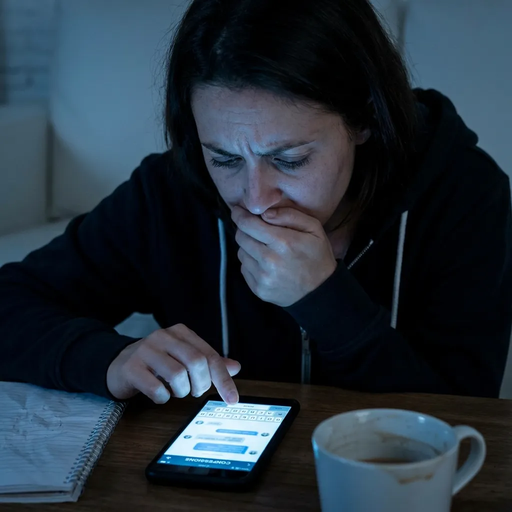 A stressed woman looking guilty while texting on her phone in a dark room, representing anonymous side chick confessions