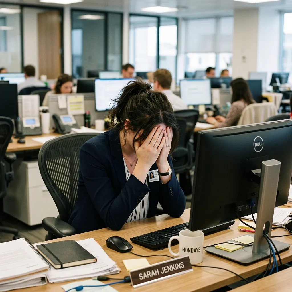A stressed office worker covering her face in embarrassment in front of a glowing computer screen after sending a disastrous reply-all email