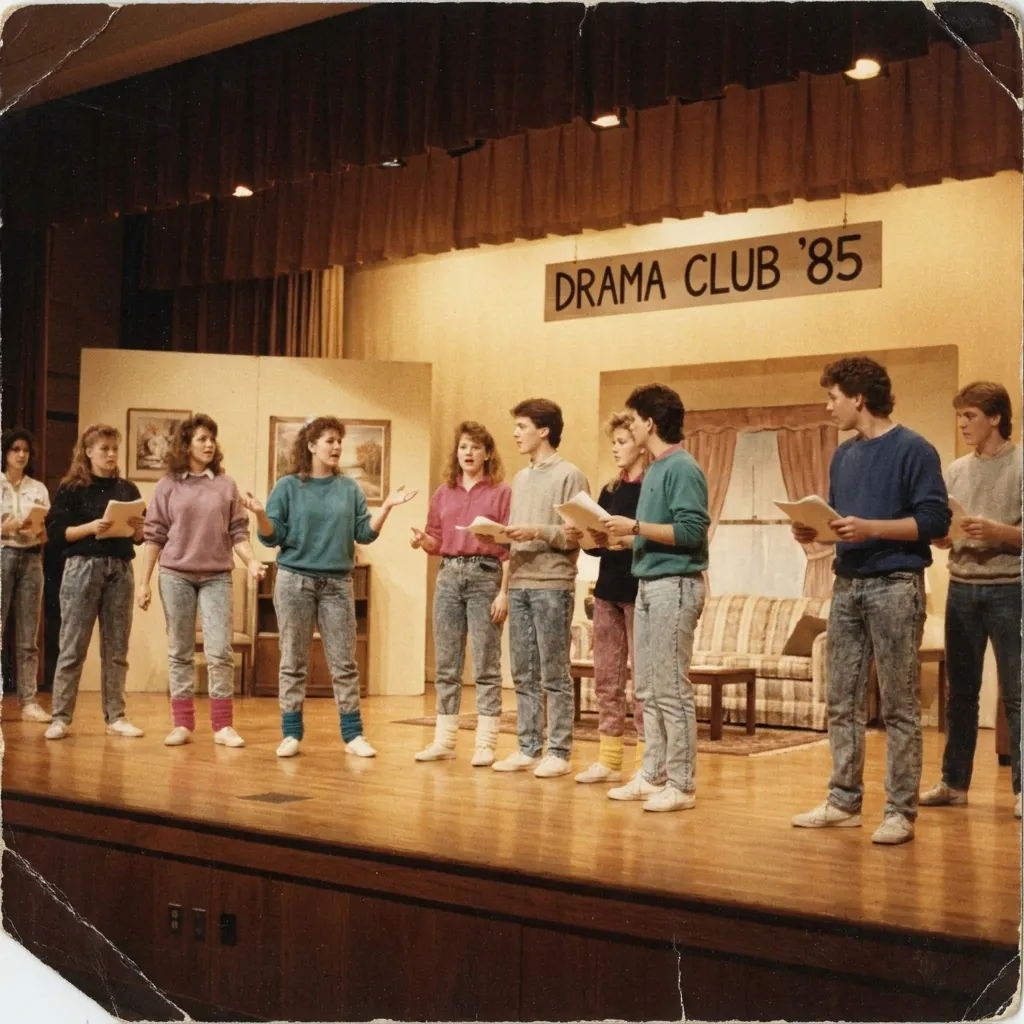 1980s high school students in retro fashion including acid wash jeans and leg warmers holding scripts while rehearsing on stage for Drama Club 85