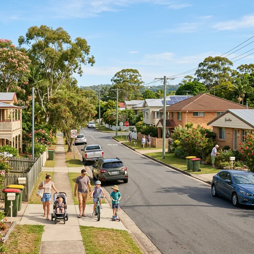 Vibrant suburban street in Australia showcasing local lifestyle and sunny weather.